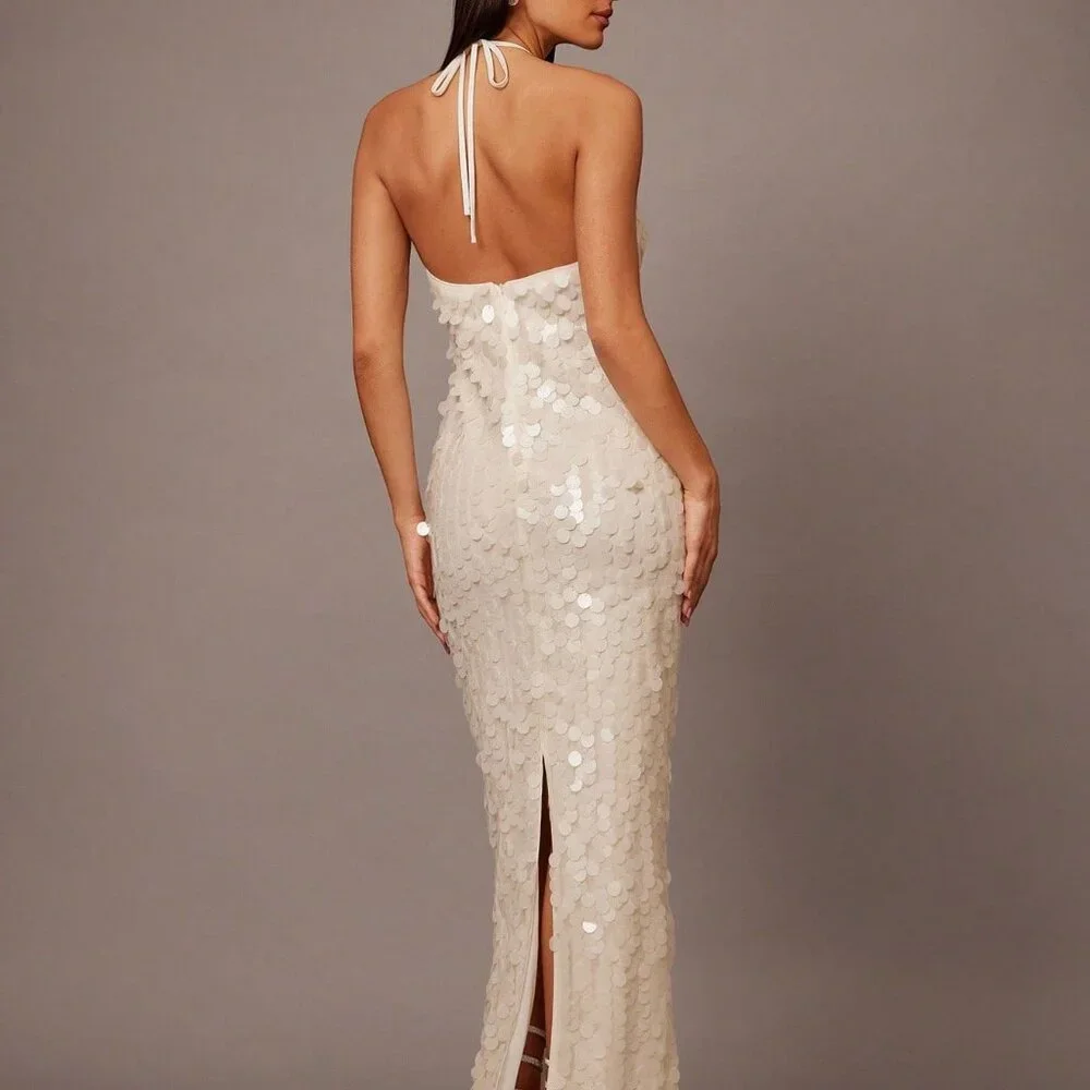 White Sequin Spaghetti Strap Women's Cocktail Dress - Picture 2 of 7